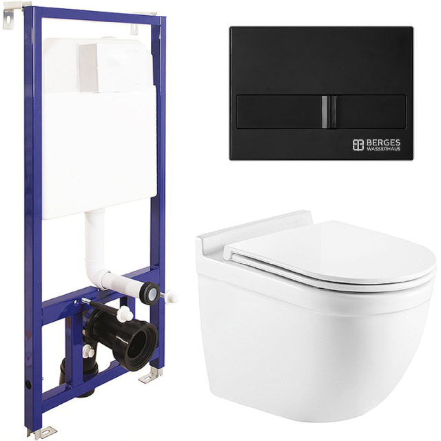 Комплект унитаза CeramaLux 2198 с инсталляцией Berges Wasserhaus Novum L5 040215 с сиденьем Микролифт и Черной матовой клавишей смыва