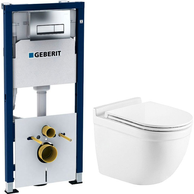 Комплект унитаза CeramaLux 2198 с инсталляцией Geberit Duofix 458.128.21.1 с сиденьем Микролифт и клавишей смыва Хром