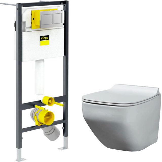 Комплект унитаза биде beWash Alster 86303601 с инсталляцией Viega Prevista Dry 8524.14 792596 с сиденьем Микролифт и клавишей смыва Хром