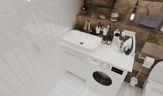 Столешница под раковину 1MarKa Wash 110 Ц0000004097 над стиральной машиной Белый глянец — изображение 2