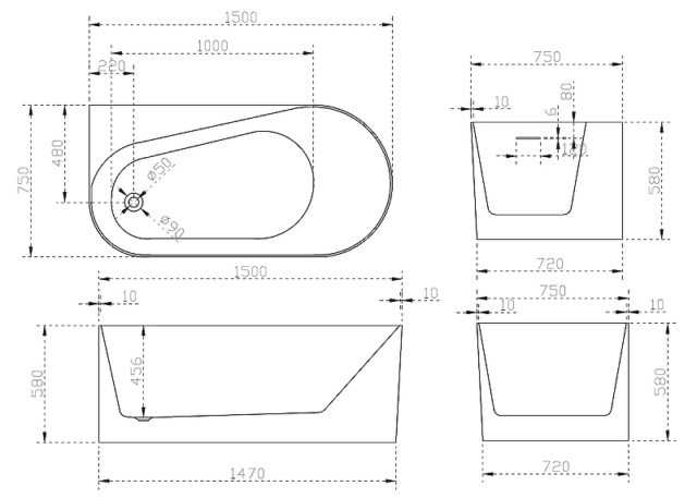 Акриловая ванна Abber 150х75 AB9496-1.5L без гидромассажа — изображение 6