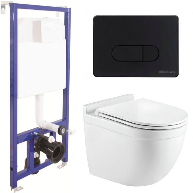 Комплект унитаза CeramaLux 2198 с инсталляцией Berges Wasserhaus Novum D5 040235 с сиденьем Микролифт и Черной матовой клавишей смыва