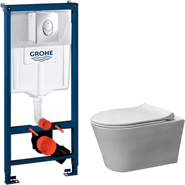 Комплект унитаза Berges Elmas 082169 с инсталляцией Grohe Rapid SL 38721001 с сиденьем Микролифт и клавишей смыва Хром