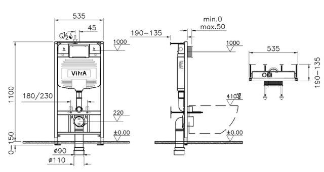 Комплект унитаза с инсталляцией Vitra S 20 9004B003-7207 с сиденьем Микролифт и клавишей смыва Хром глянец — изображение 11