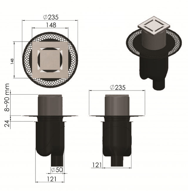 Душевой трап Berges Platz Norma 150x150 090059 с решеткой Хром матовый — изображение 6