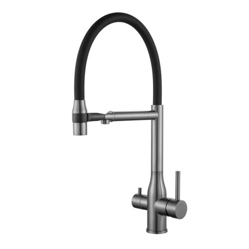 Смеситель для кухни с гибким изливом и подключением фильтра Shevanik S378T, оружейная сталь